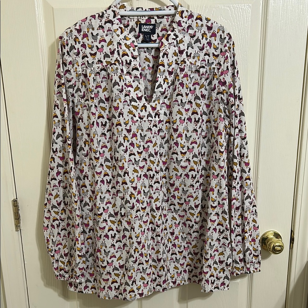 Lands' End Pink and Red Graphic Chicken Blouse with Mandarin Collar